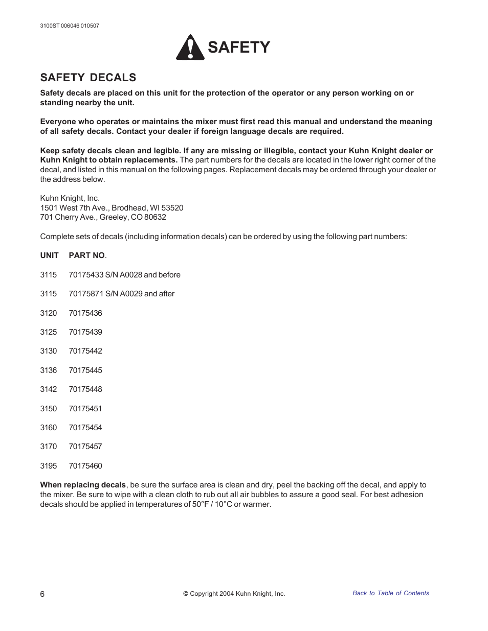 Safety decals, Safety | Kuhn Rikon 3100 User Manual | Page 6 / 36