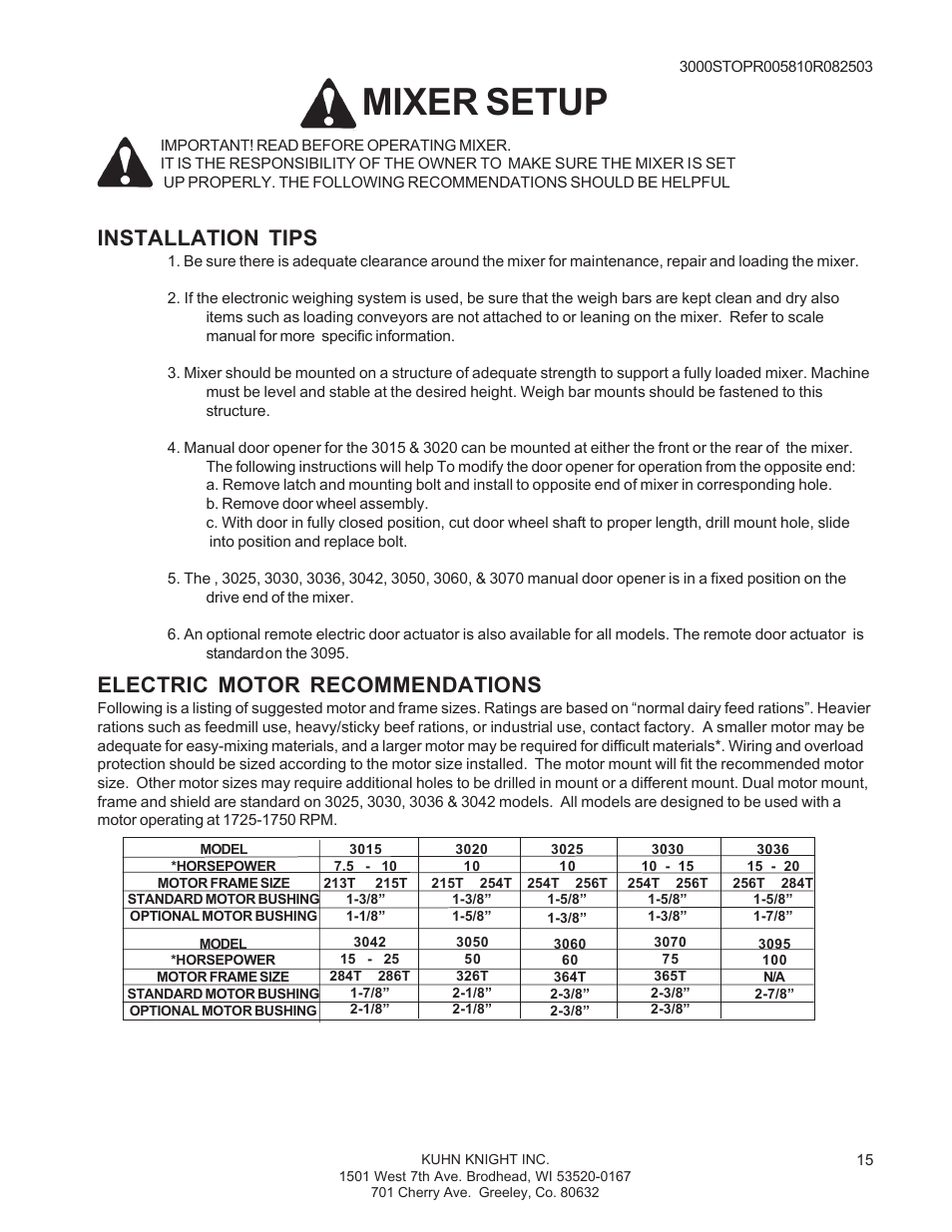 Mixer setup, Installation tips, Electric motor recommendations | Kuhn Rikon 3000 SERIES 3030 User Manual | Page 15 / 34