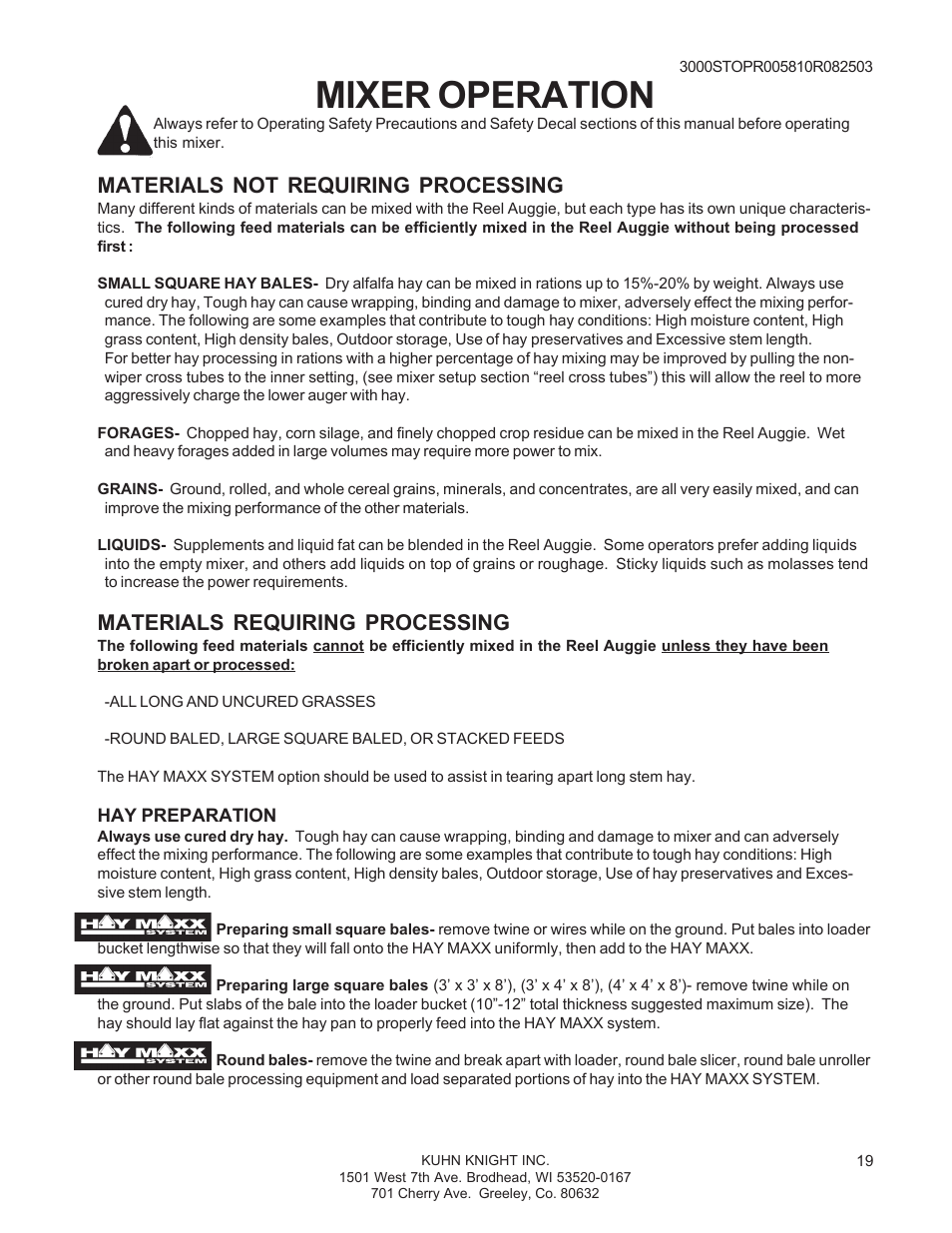 Mixer operation, Materials not requiring processing, Materials requiring processing | Kuhn Rikon 3000 SERIES 3030 User Manual | Page 19 / 34
