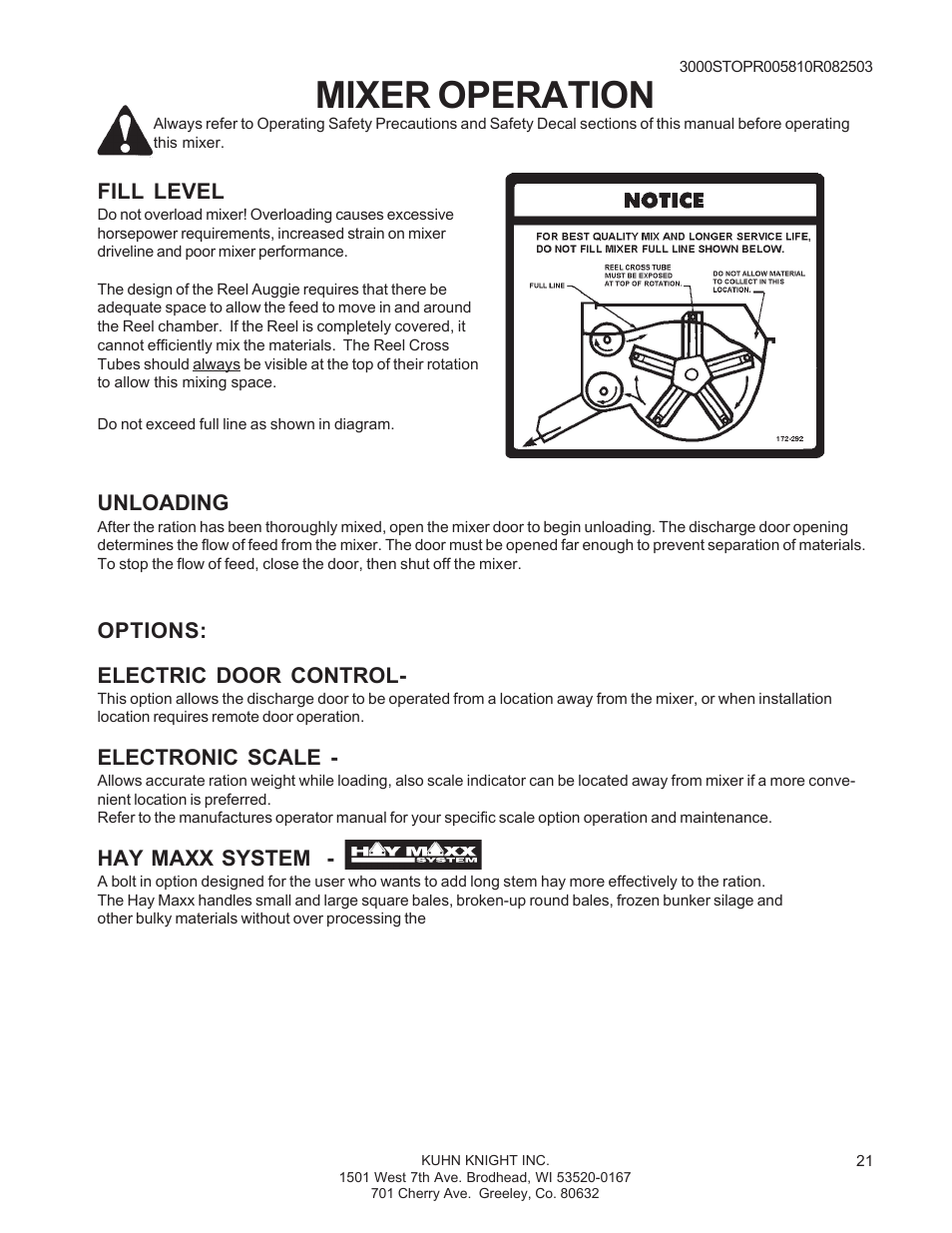 Mixer operation, Unloading, Fill level | Options: electric door control, Electronic scale, Hay maxx system | Kuhn Rikon 3000 SERIES 3030 User Manual | Page 21 / 34