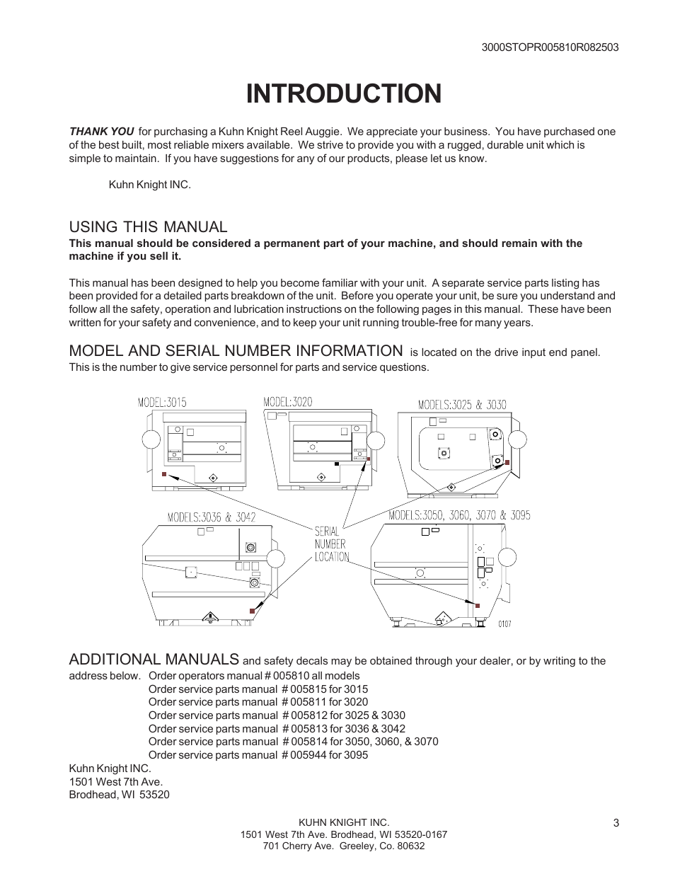 Introduction, Using this manual, Model and serial number information | Additional manuals | Kuhn Rikon 3000 SERIES 3030 User Manual | Page 3 / 34