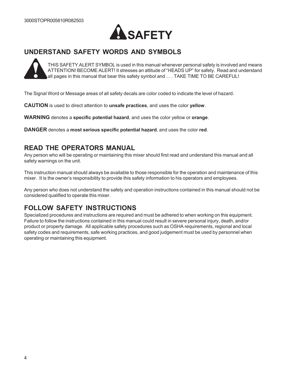 Safety, Understand safety words and symbols, Read the operators manual | Follow safety instructions | Kuhn Rikon 3000 SERIES 3030 User Manual | Page 4 / 34