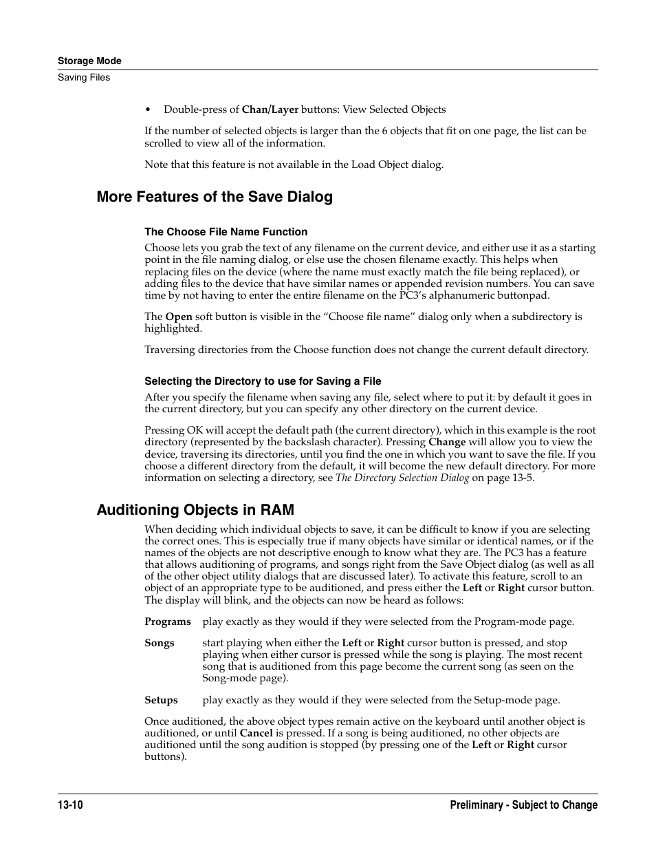 More features of the save dialog, The choose file name function, Selecting the directory to use for saving a file | Auditioning objects in ram | Kurzweil KSP8 TM User Manual | Page 100 / 122