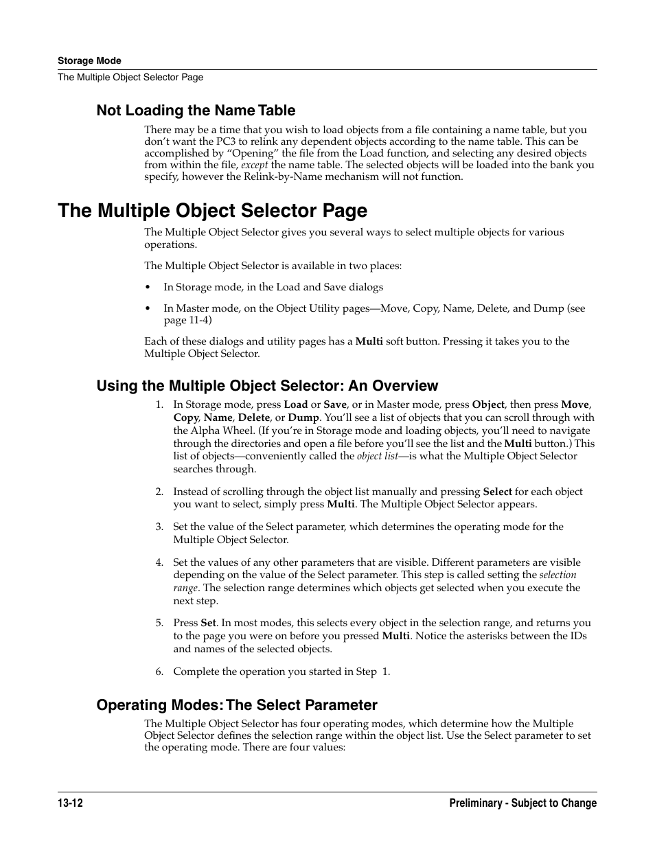 Not loading the name table, Using the multiple object selector: an overview, Operating modes: the select parameter | Not loading the name table -12, The multiple object selector page | Kurzweil KSP8 TM User Manual | Page 102 / 122