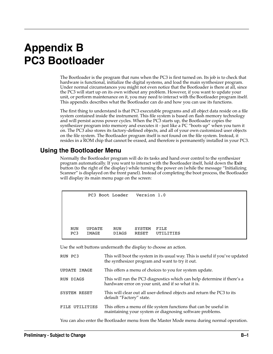 Pc3 bootloader, Using the bootloader menu, Appendix b pc3 bootloader | Kurzweil KSP8 TM User Manual | Page 109 / 122