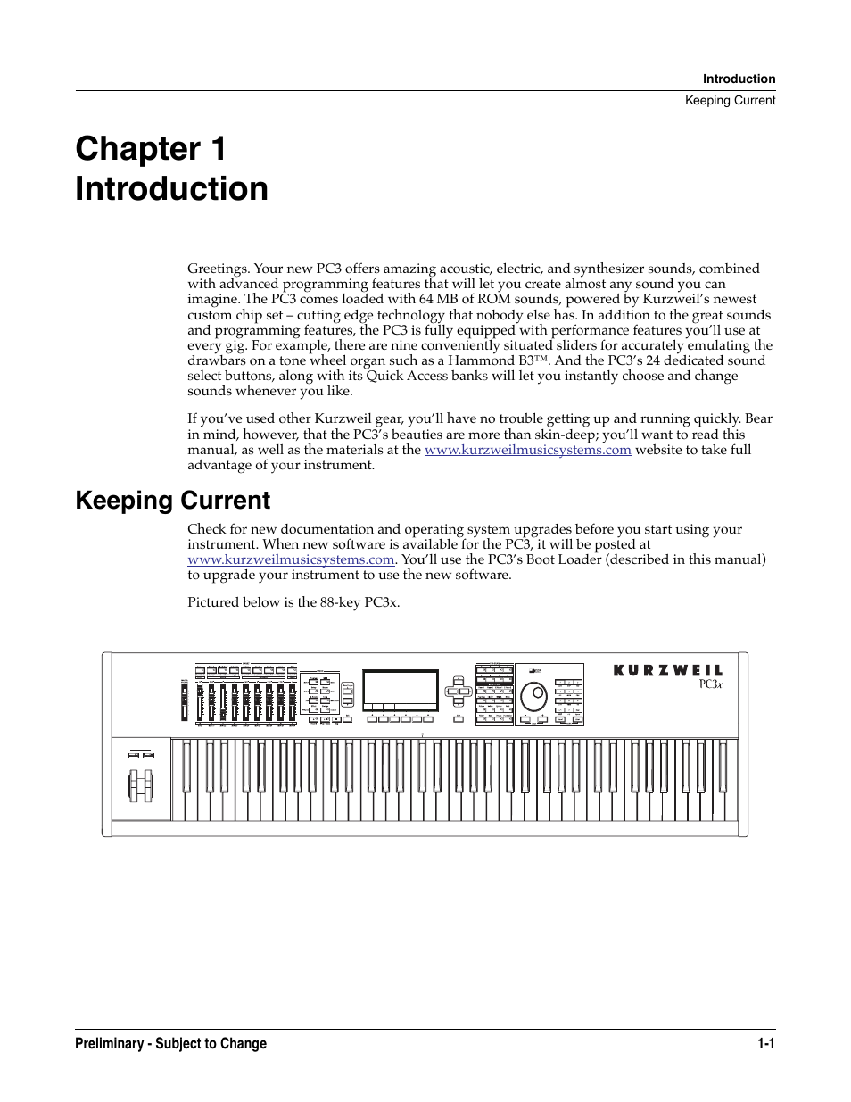 Introduction, Keeping current, Chapter 1 | Keeping current -1, Chapter 1 introduction | Kurzweil KSP8 TM User Manual | Page 11 / 122