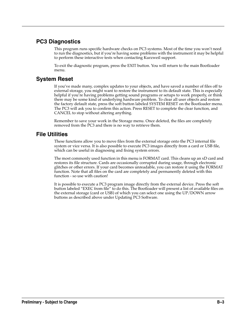 Pc3 diagnostics, System reset, File utilities | Kurzweil KSP8 TM User Manual | Page 111 / 122