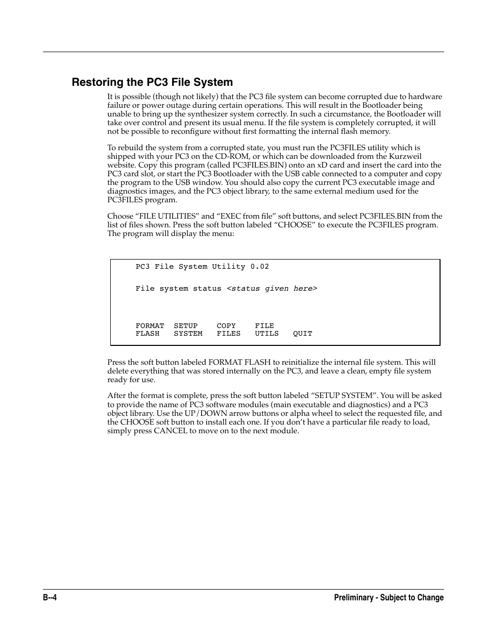 Restoring the pc3 file system | Kurzweil KSP8 TM User Manual | Page 112 / 122