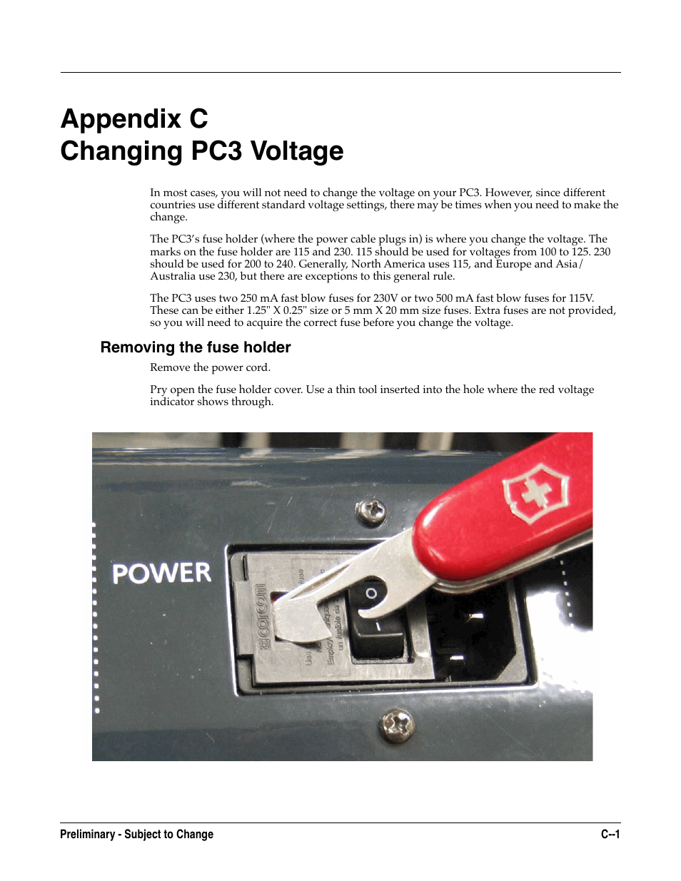 Changing pc3 voltage, Removing the fuse holder, Appendix c changing pc3 voltage | Kurzweil KSP8 TM User Manual | Page 113 / 122