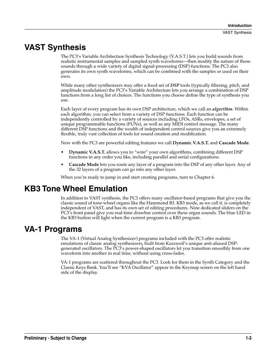 Vast synthesis, Kb3 tone wheel emulation, Va-1 programs | Kurzweil KSP8 TM User Manual | Page 13 / 122