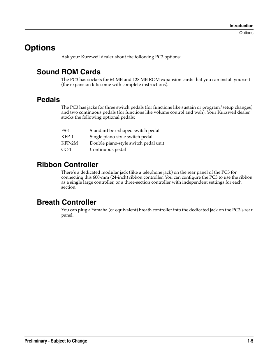 Options, Sound rom cards, Pedals | Ribbon controller, Breath controller, Options -5 | Kurzweil KSP8 TM User Manual | Page 15 / 122