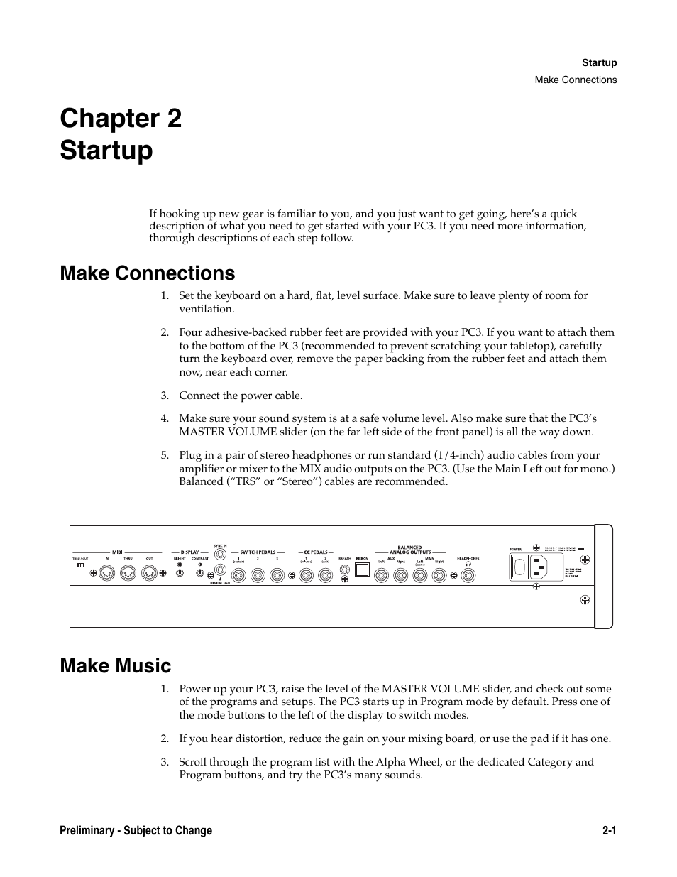 Startup, Make connections, Make music | Chapter 2, Make connections -1 make music -1, Chapter 2 startup | Kurzweil KSP8 TM User Manual | Page 17 / 122