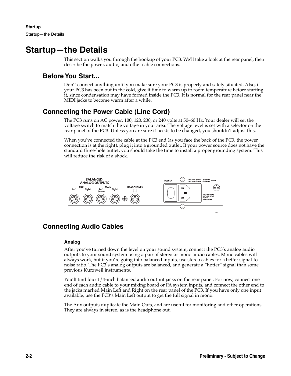 Startup—the details, Before you start, Connecting the power cable (line cord) | Connecting audio cables, Analog, Startup—the details -2 | Kurzweil KSP8 TM User Manual | Page 18 / 122