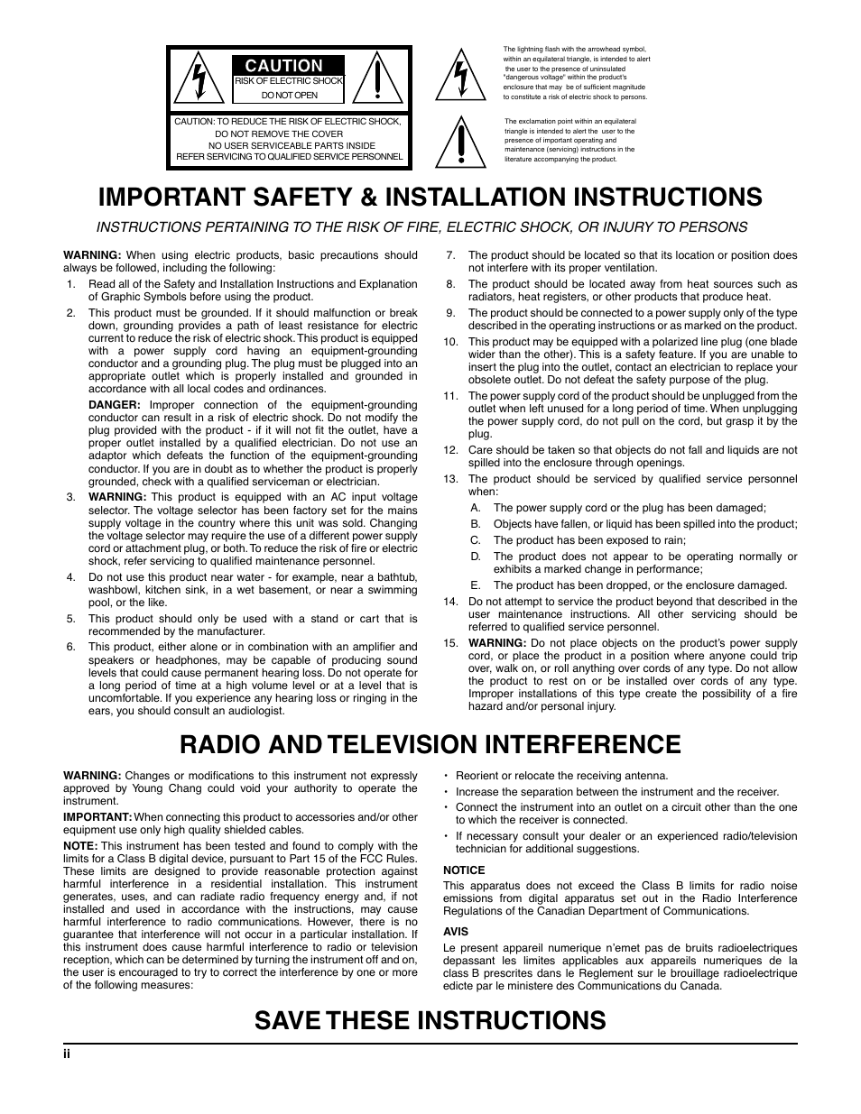 Important safety & installation instructions, Radio and television interference, Save these instructions | Caution | Kurzweil KSP8 TM User Manual | Page 2 / 122