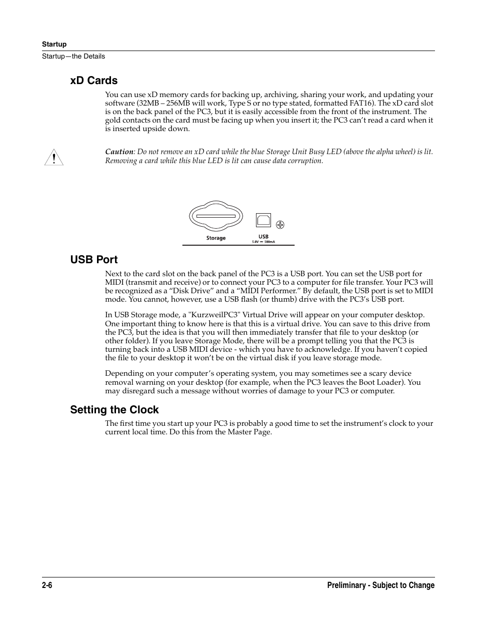 Xd cards, Usb port, Setting the clock | Xd cards -6 usb port -6 setting the clock -6 | Kurzweil KSP8 TM User Manual | Page 22 / 122