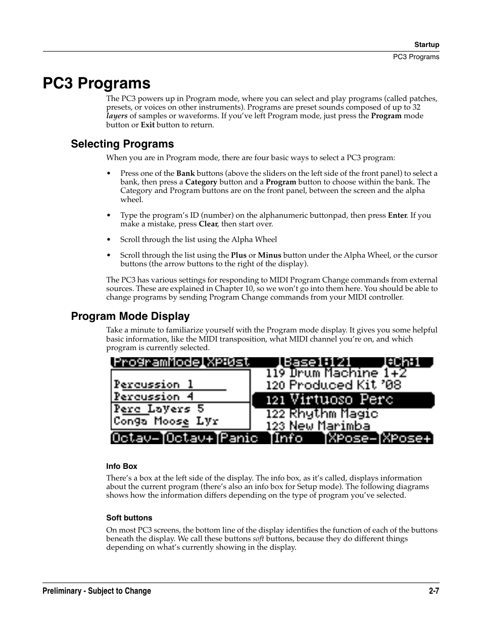 Pc3 programs, Selecting programs, Program mode display | Info box, Soft buttons, Pc3 programs -7, Selecting programs -7 program mode display -7 | Kurzweil KSP8 TM User Manual | Page 23 / 122