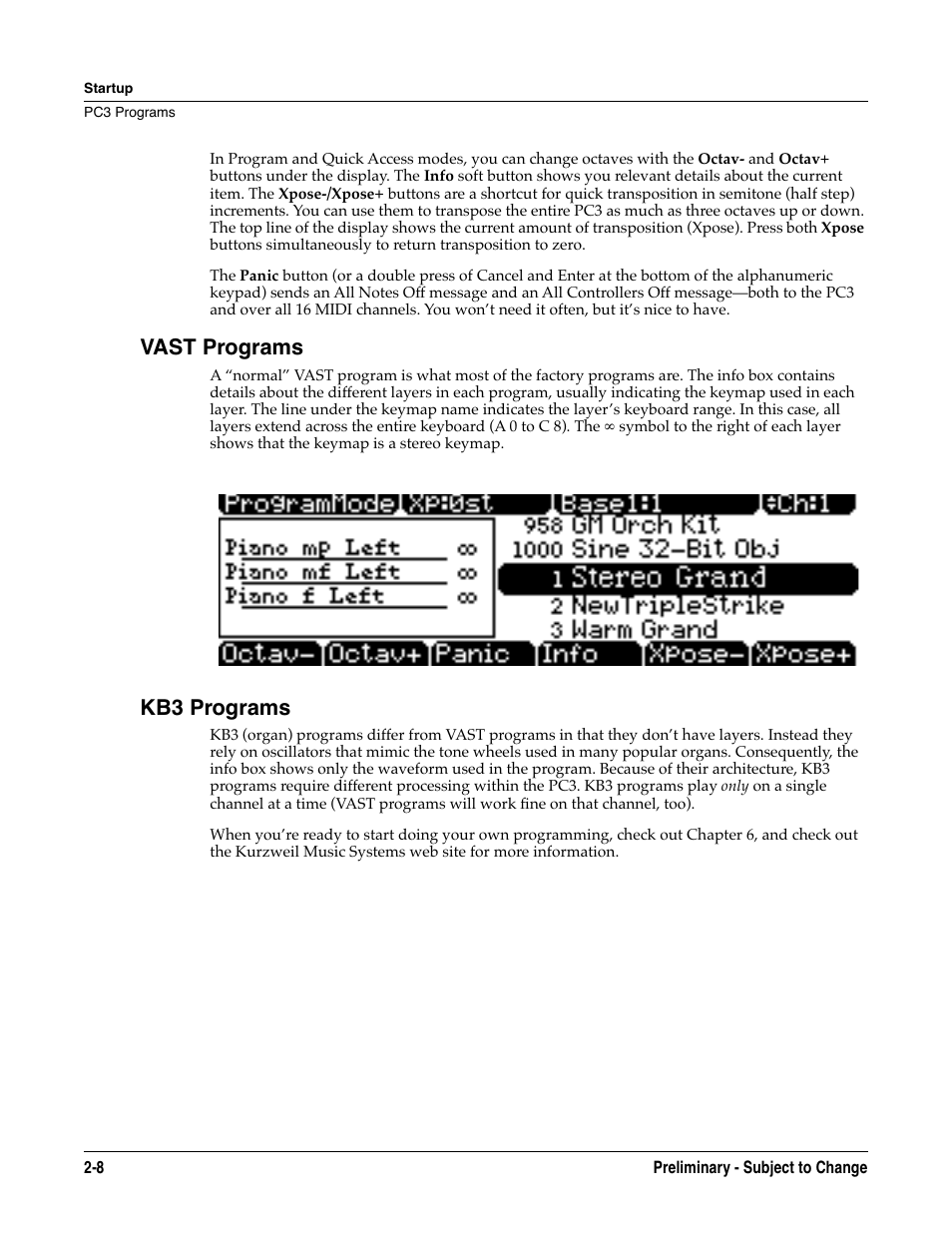 Vast programs, Kb3 programs, Vast programs -8 kb3 programs -8 | Kurzweil KSP8 TM User Manual | Page 24 / 122