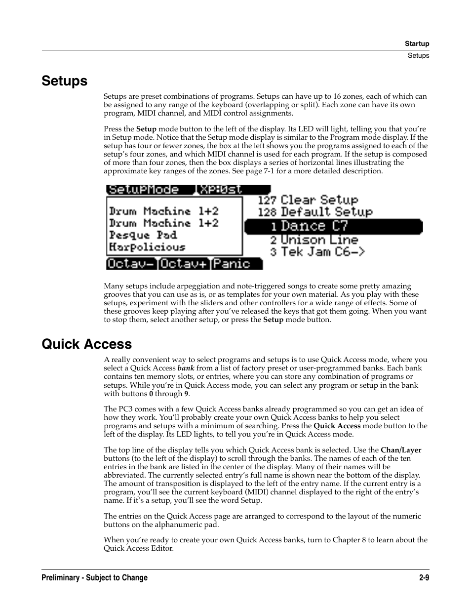 Setups, Quick access, Setups -9 quick access -9 | Kurzweil KSP8 TM User Manual | Page 25 / 122