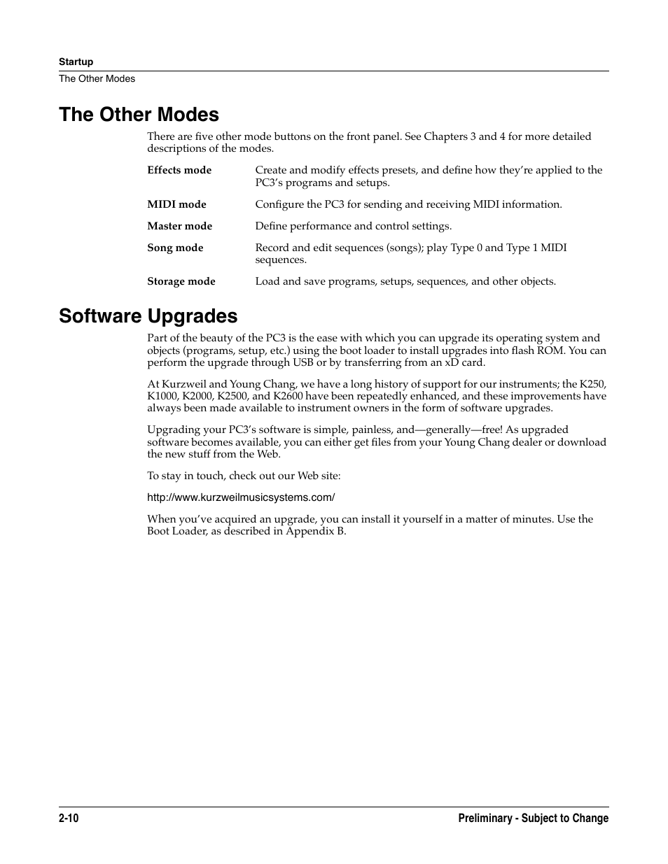The other modes, Software upgrades, The other modes -10 software upgrades -10 | Kurzweil KSP8 TM User Manual | Page 26 / 122