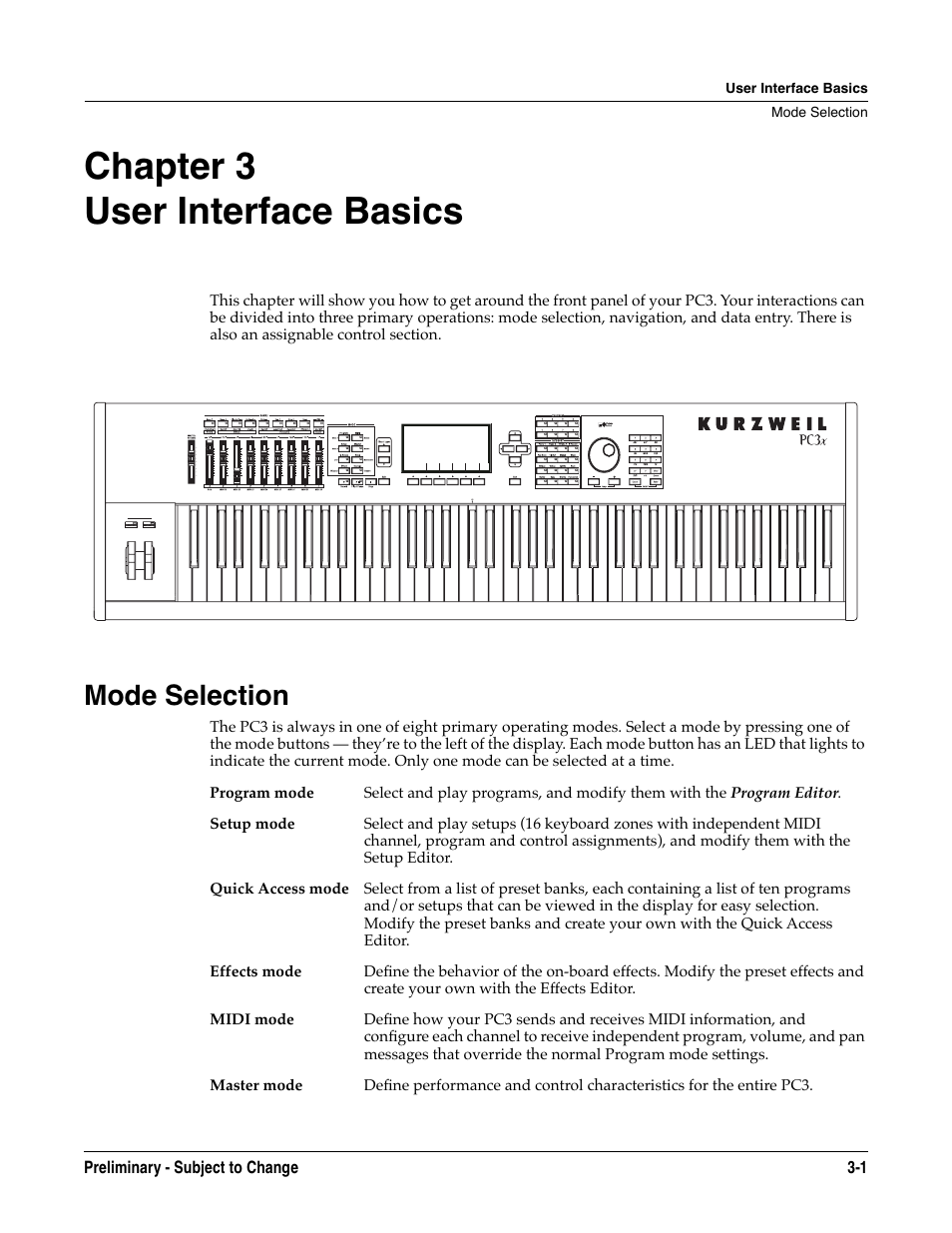 User interface basics, Mode selection, Chapter 3 | Mode selection -1, Chapter 3 user interface basics | Kurzweil KSP8 TM User Manual | Page 27 / 122