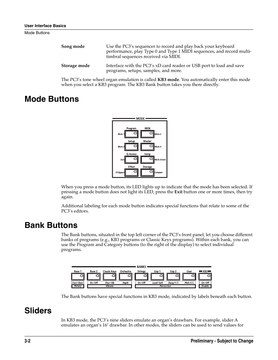 Mode buttons, Bank buttons, Sliders | Mode buttons -2 bank buttons -2, Sliders -2, Special button functions -6 | Kurzweil KSP8 TM User Manual | Page 28 / 122