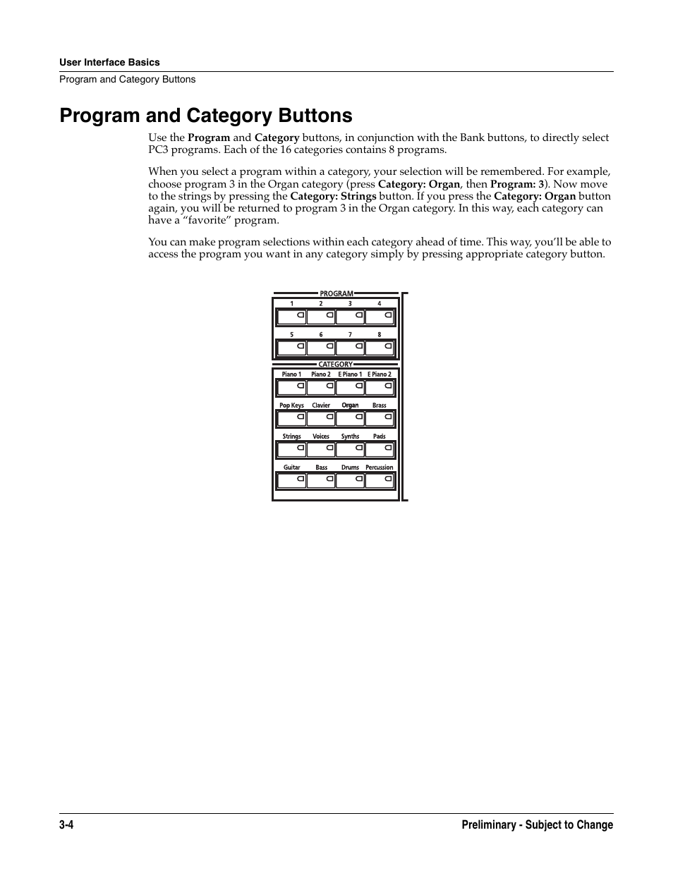 Program and category buttons, Program and category buttons -4 | Kurzweil KSP8 TM User Manual | Page 30 / 122