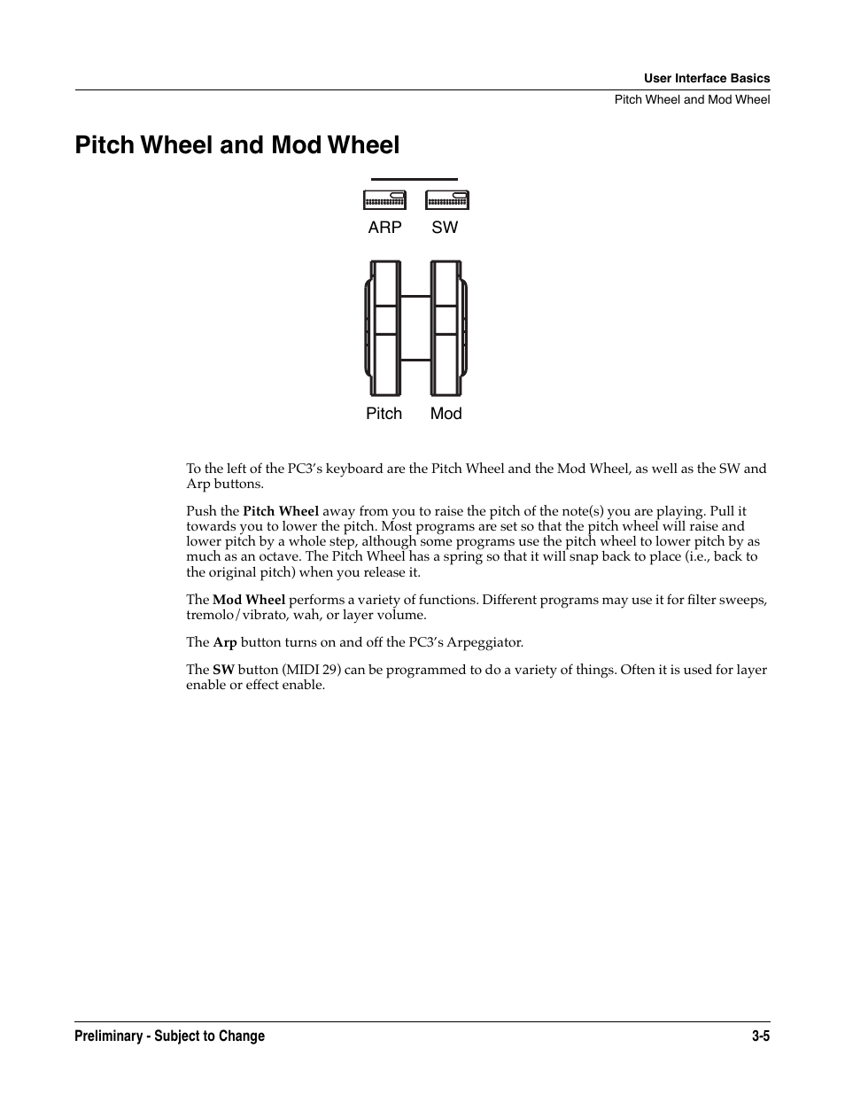 Pitch wheel and mod wheel, Pitch wheel and mod wheel -5 | Kurzweil KSP8 TM User Manual | Page 31 / 122