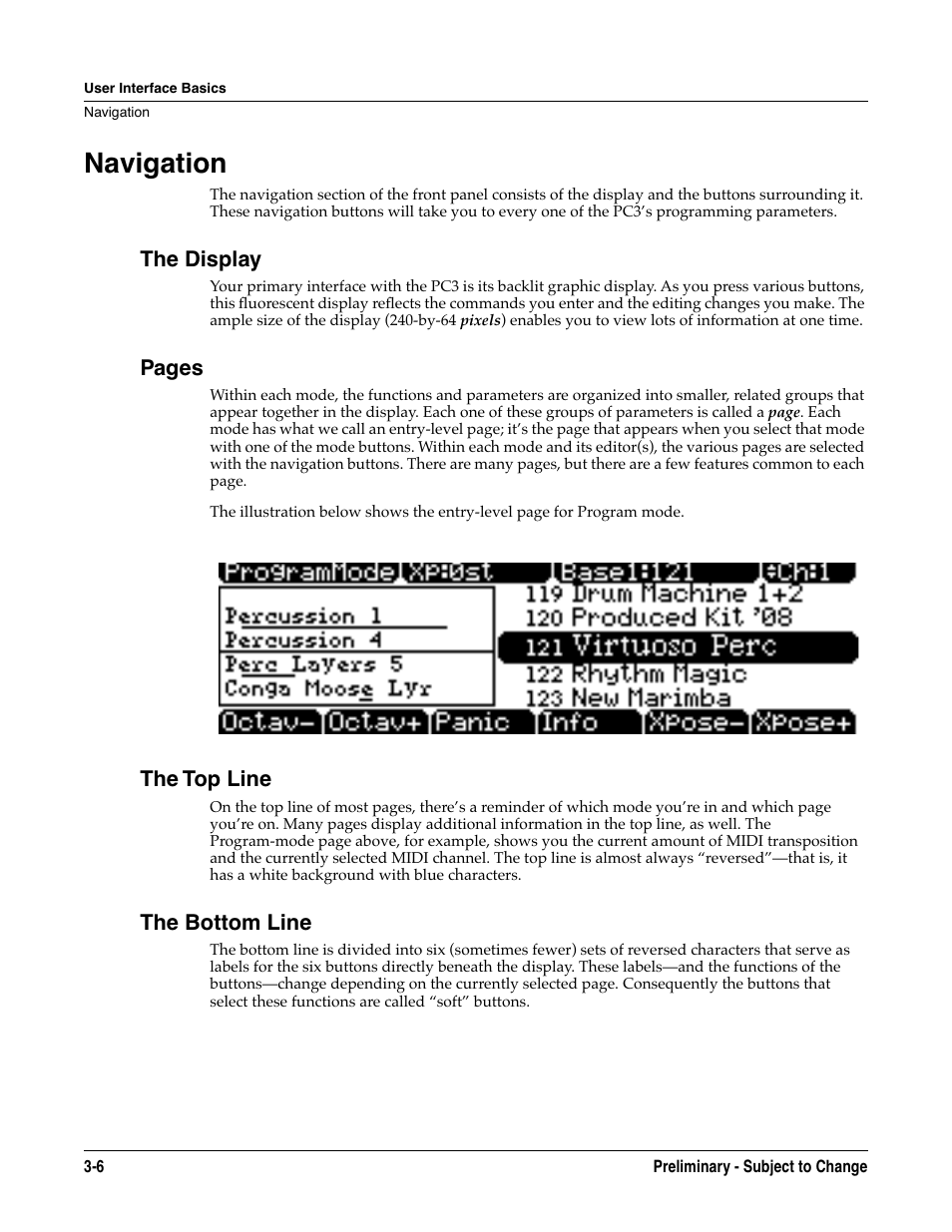 Navigation, The display, The top line | The bottom line, Navigation -6 | Kurzweil KSP8 TM User Manual | Page 32 / 122