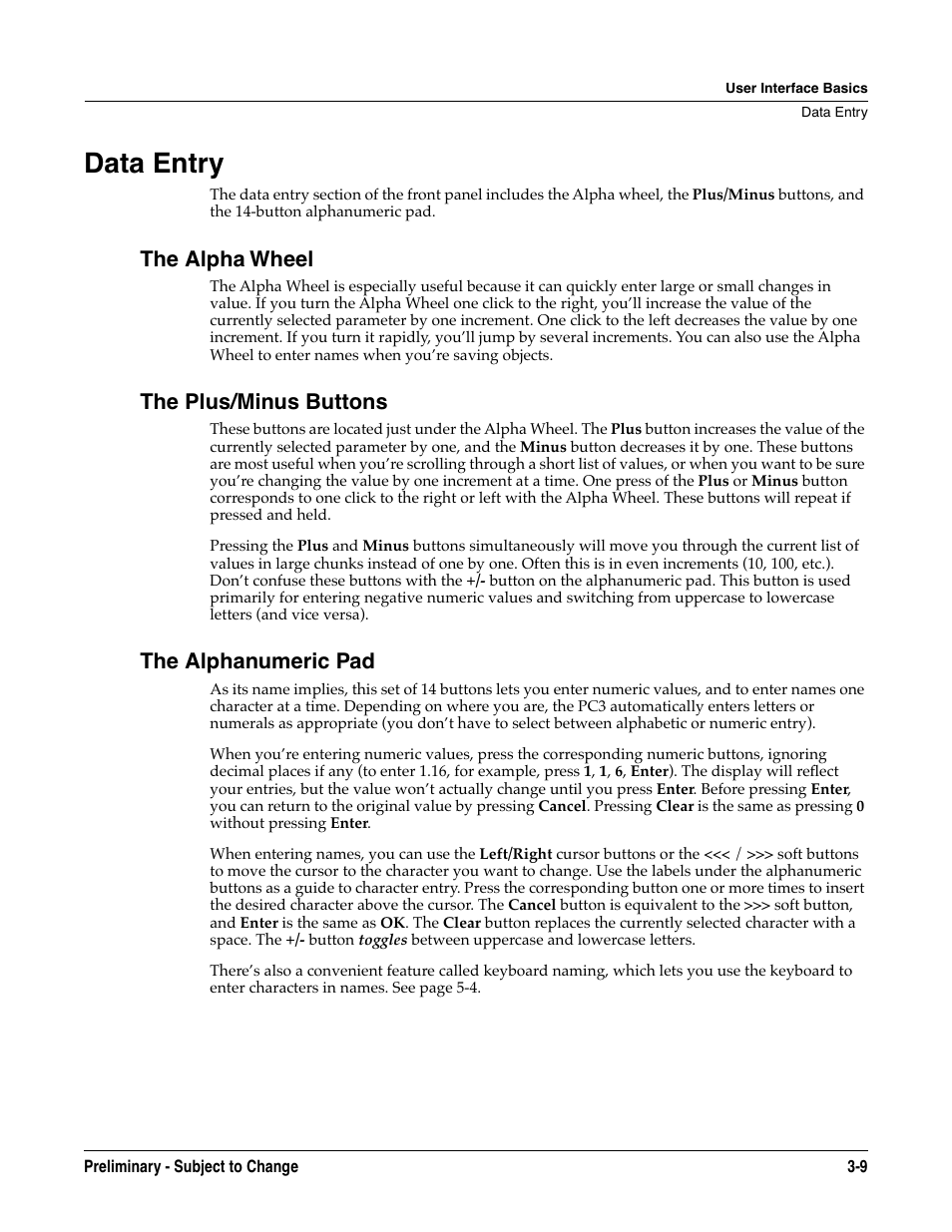 Data entry, The alpha wheel, The plus/minus buttons | The alphanumeric pad, Data entry -9 | Kurzweil KSP8 TM User Manual | Page 35 / 122