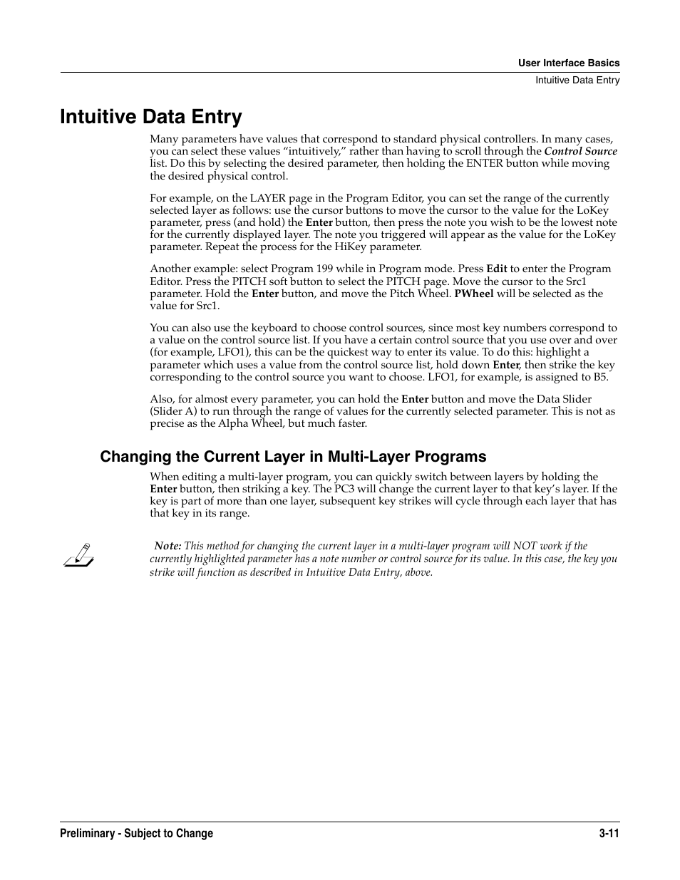 Intuitive data entry, Changing the current layer in multi-layer programs, Intuitive data entry -11 | Kurzweil KSP8 TM User Manual | Page 37 / 122