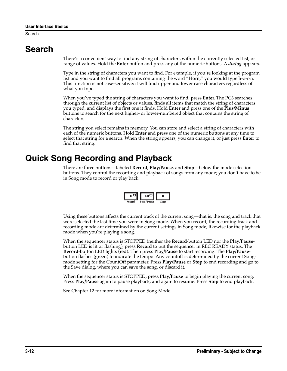 Search, Quick song recording and playback, Search -12 quick song recording and playback -12 | Kurzweil KSP8 TM User Manual | Page 38 / 122