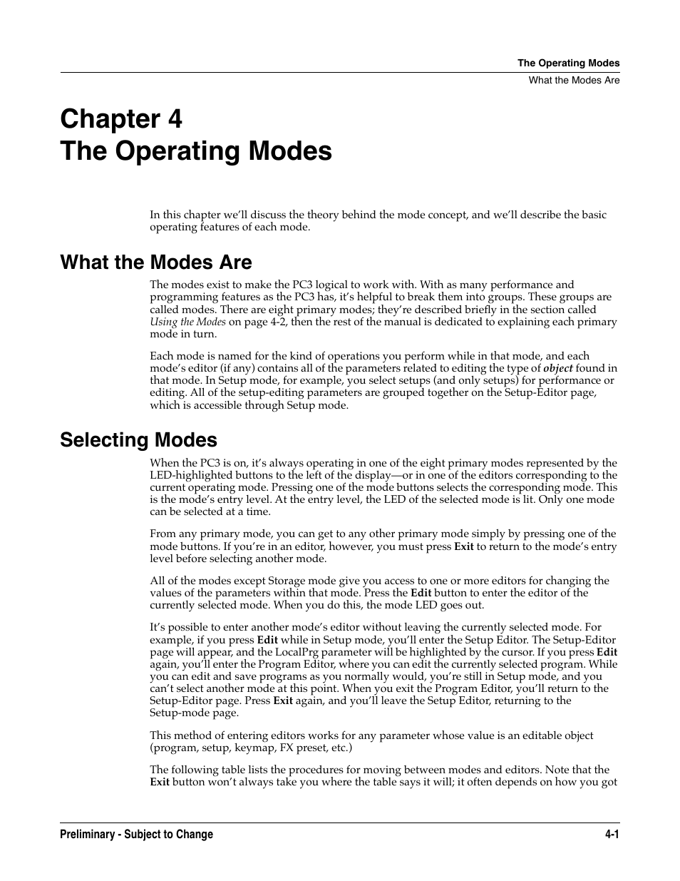 The operating modes, What the modes are, Selecting modes | Chapter 4, What the modes are -1 selecting modes -1, Chapter 4 the operating modes | Kurzweil KSP8 TM User Manual | Page 39 / 122