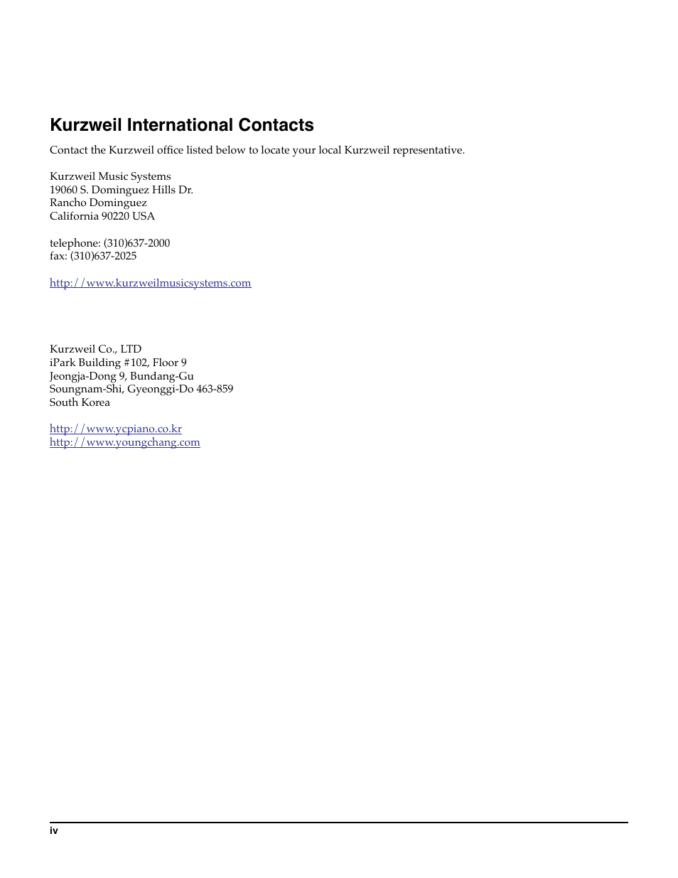 Kurzweil international contacts | Kurzweil KSP8 TM User Manual | Page 4 / 122