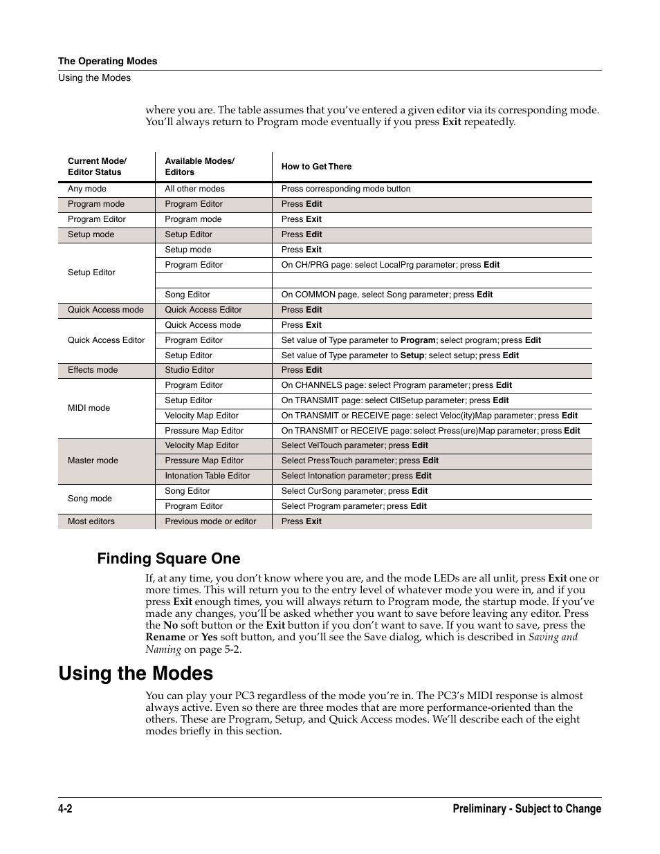 Finding square one, Using the modes, Finding square one -2 | Using the modes -2, 2 preliminary - subject to change | Kurzweil KSP8 TM User Manual | Page 40 / 122