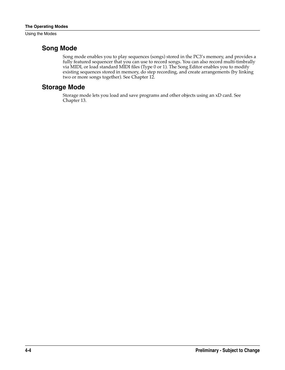 Song mode, Storage mode, Song mode -4 storage mode -4 | Kurzweil KSP8 TM User Manual | Page 42 / 122