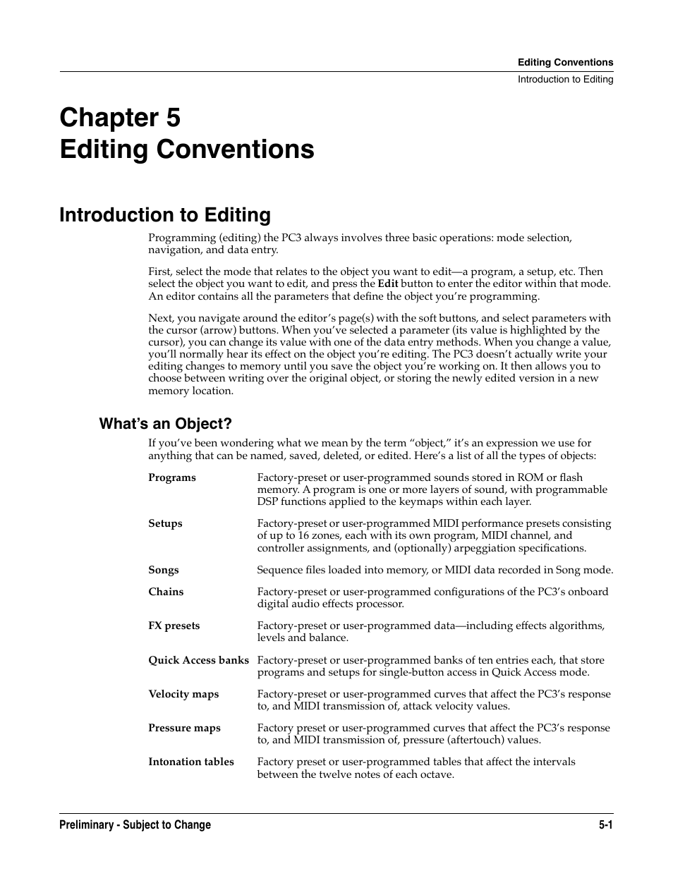 Editing conventions, Introduction to editing, What’s an object | Chapter 5, Introduction to editing -1, What’s an object? -1, Chapter 5 editing conventions | Kurzweil KSP8 TM User Manual | Page 43 / 122