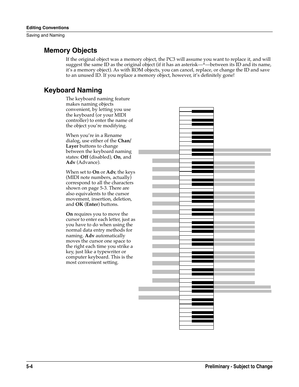 Memory objects, Keyboard naming, Memory objects -4 keyboard naming -4 | 4 preliminary - subject to change, Editing conventions saving and naming | Kurzweil KSP8 TM User Manual | Page 46 / 122