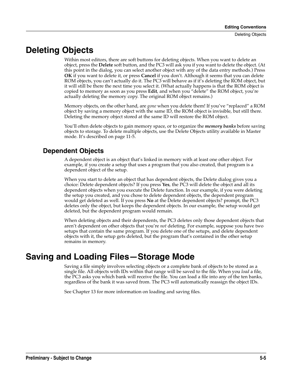 Deleting objects, Dependent objects, Saving and loading files—storage mode | Deleting objects -5, Dependent objects -5, Saving and loading files—storage mode -5 | Kurzweil KSP8 TM User Manual | Page 47 / 122