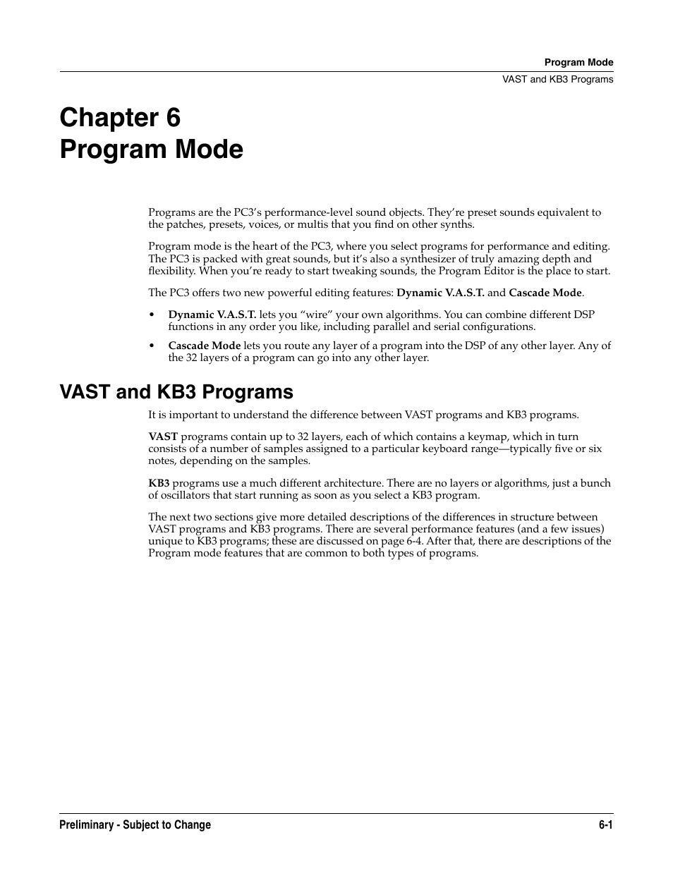 Program mode, Vast and kb3 programs, Chapter 6 | Vast and kb3 programs -1, Chapter 6 program mode | Kurzweil KSP8 TM User Manual | Page 49 / 122