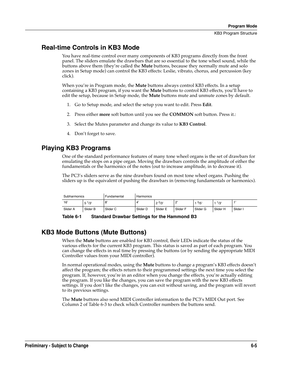 Real-time controls in kb3 mode, Playing kb3 programs, Kb3 mode buttons (mute buttons) | Preliminary - subject to change 6-5 | Kurzweil KSP8 TM User Manual | Page 53 / 122