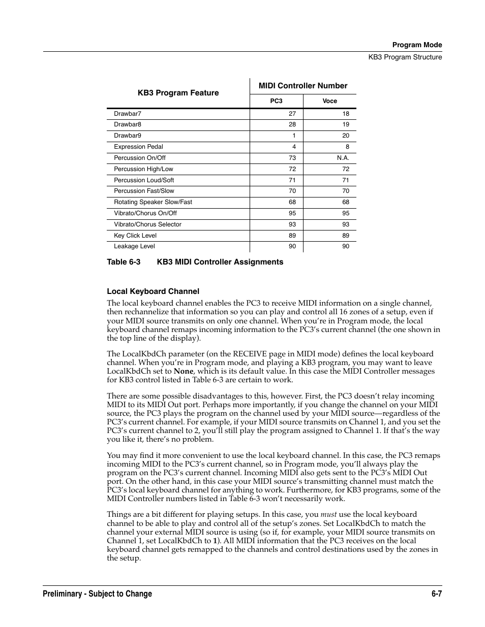 Local keyboard channel, Preliminary - subject to change 6-7 | Kurzweil KSP8 TM User Manual | Page 55 / 122