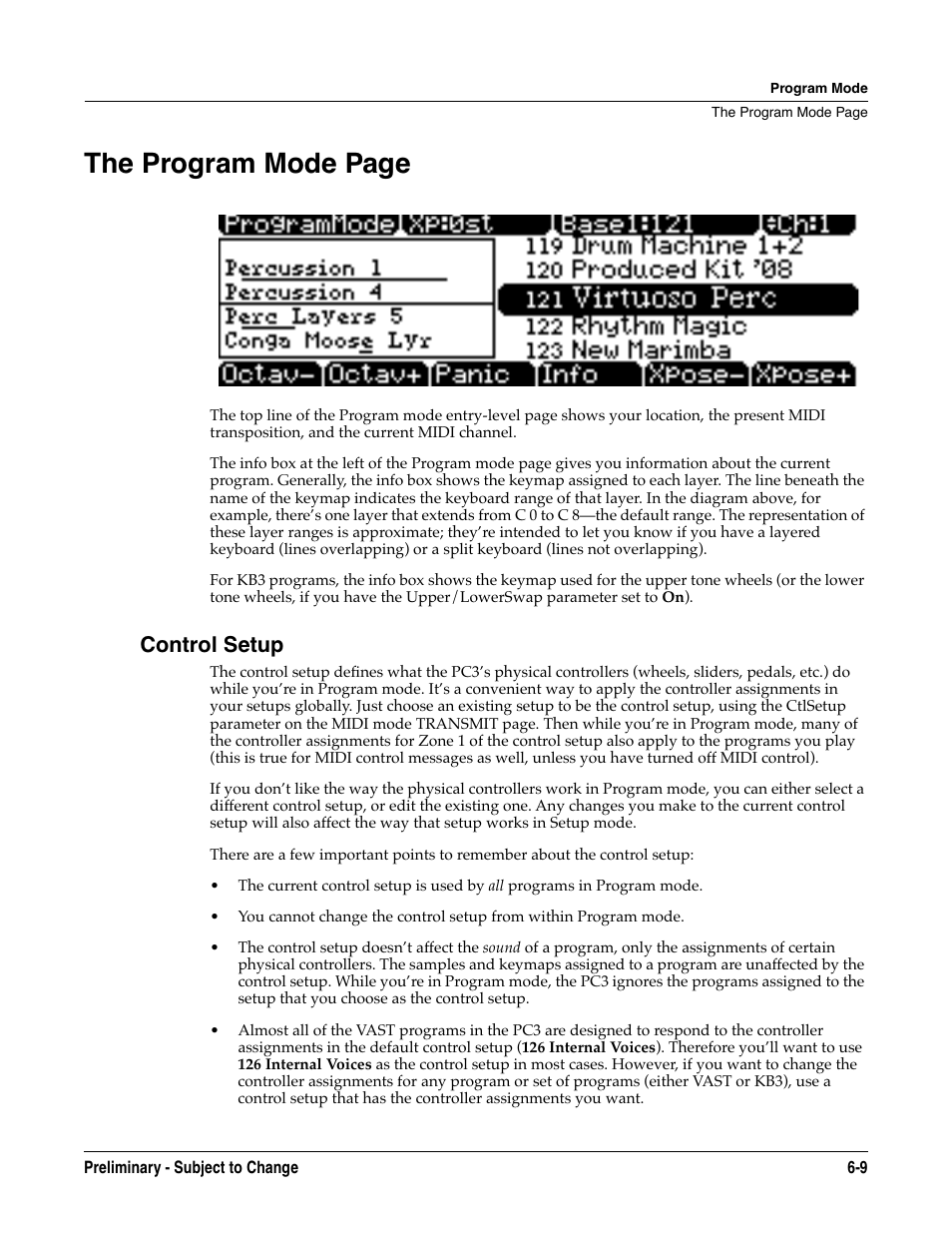 Control setup, Control setup -9, The program mode page | Kurzweil KSP8 TM User Manual | Page 57 / 122