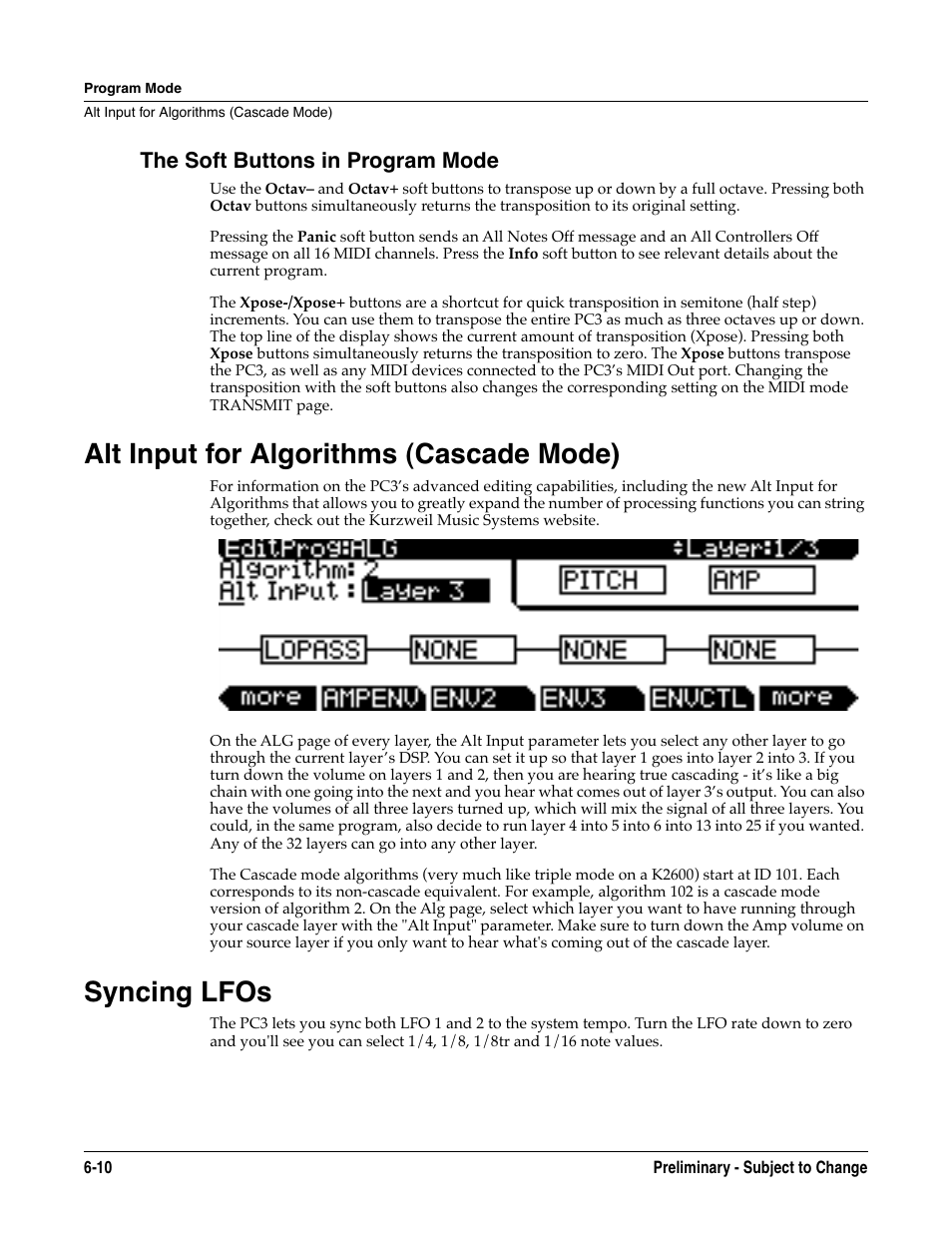 The soft buttons in program mode, Alt input for algorithms (cascade mode), Syncing lfos | The soft buttons in program mode -10 | Kurzweil KSP8 TM User Manual | Page 58 / 122