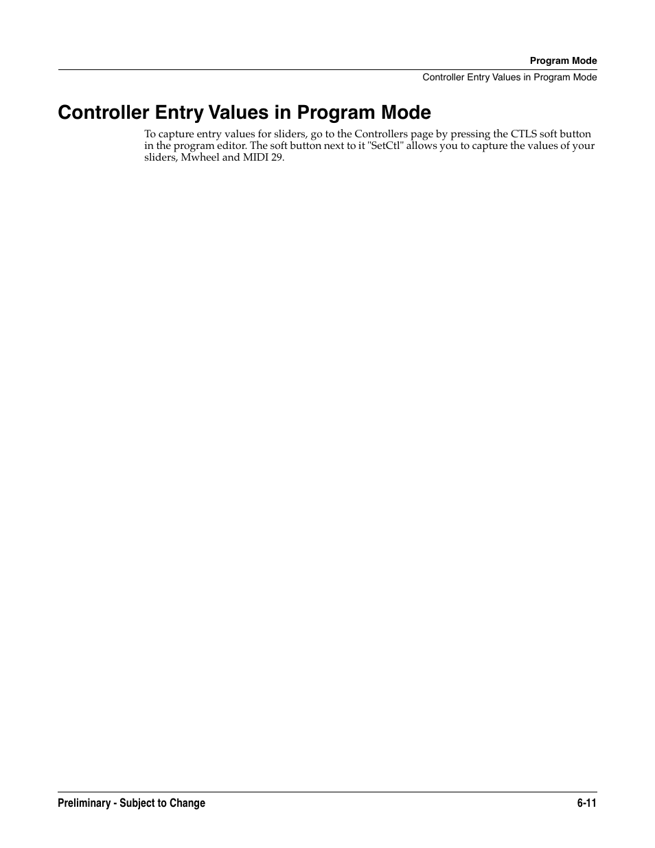 Controller entry values in program mode, Controller entry values in program mode -11 | Kurzweil KSP8 TM User Manual | Page 59 / 122