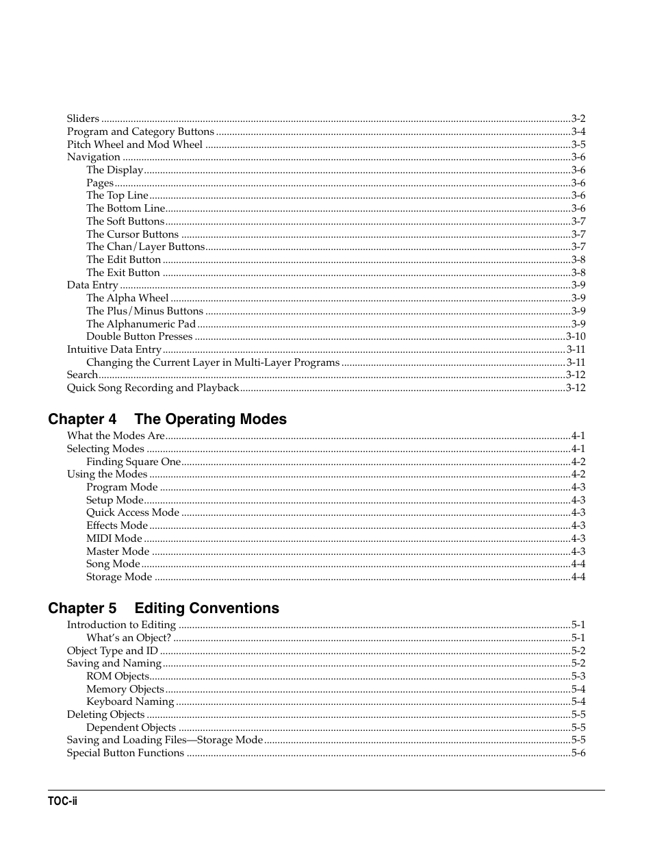 Chapter 4 the operating modes, Chapter 5 editing conventions | Kurzweil KSP8 TM User Manual | Page 6 / 122