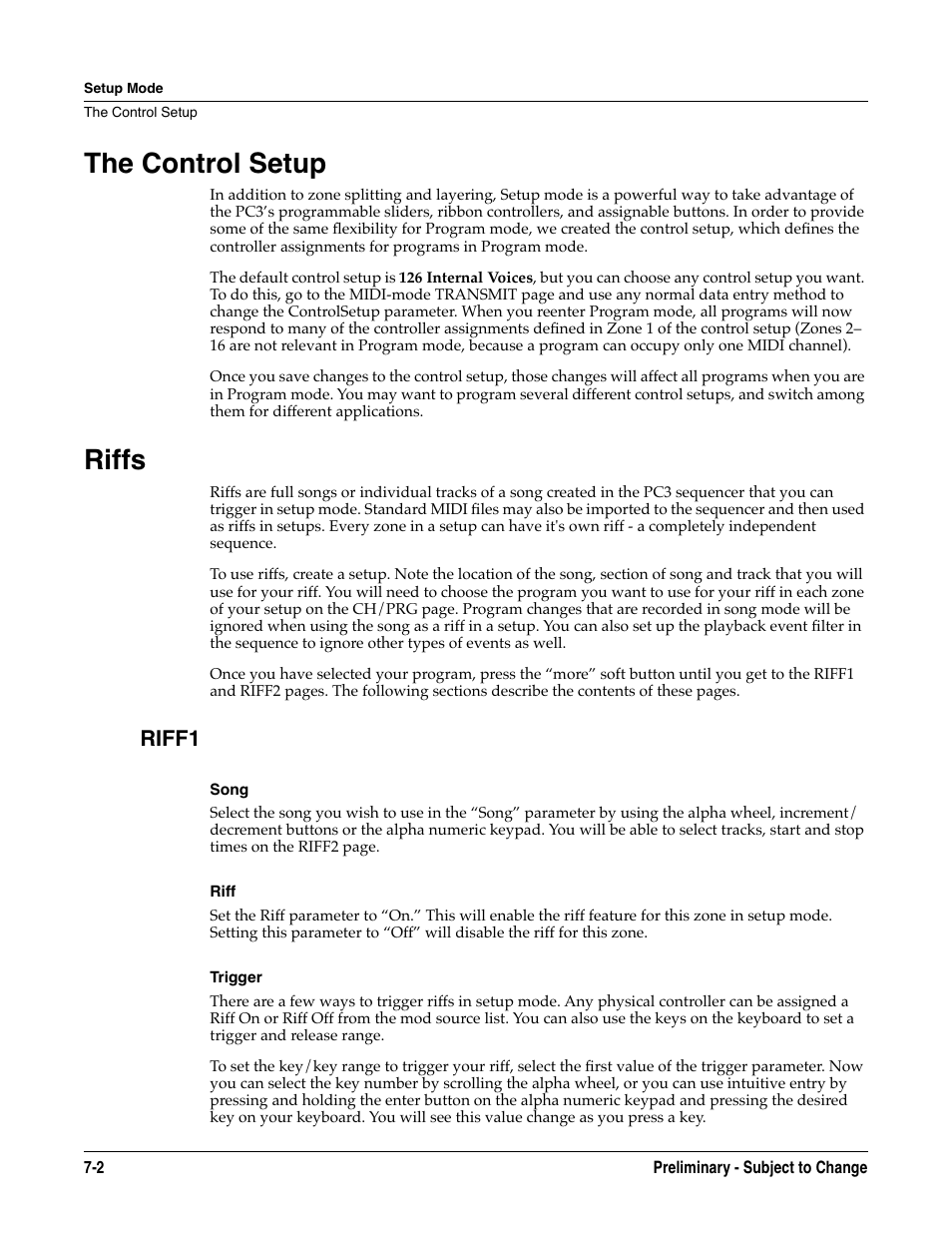 The control setup, Riffs, Riff1 | Song, Riff, Trigger, The control setup -2 riffs -2, Riff1 -2 | Kurzweil KSP8 TM User Manual | Page 62 / 122