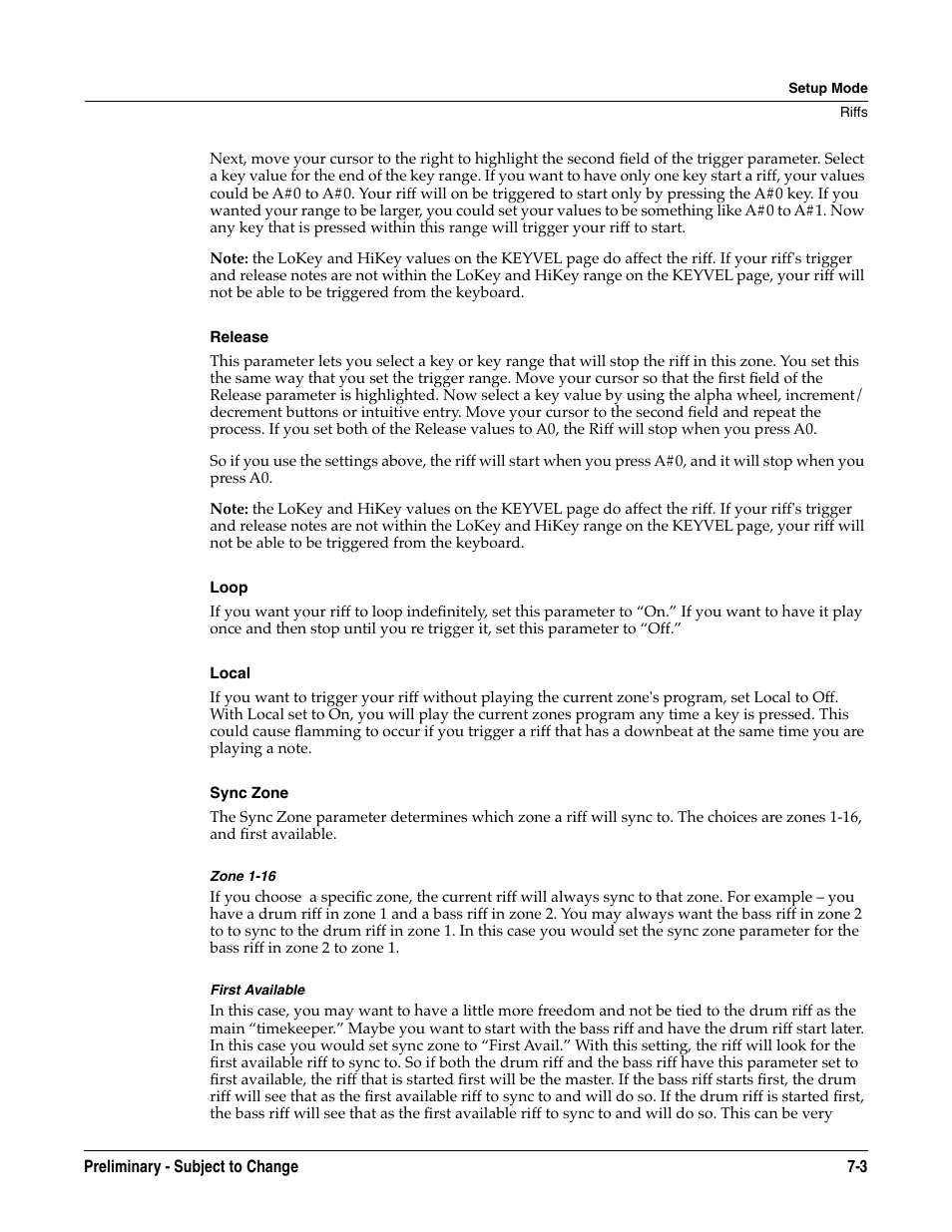 Release, Loop, Local | Sync zone, Zone 1-16, First available | Kurzweil KSP8 TM User Manual | Page 63 / 122