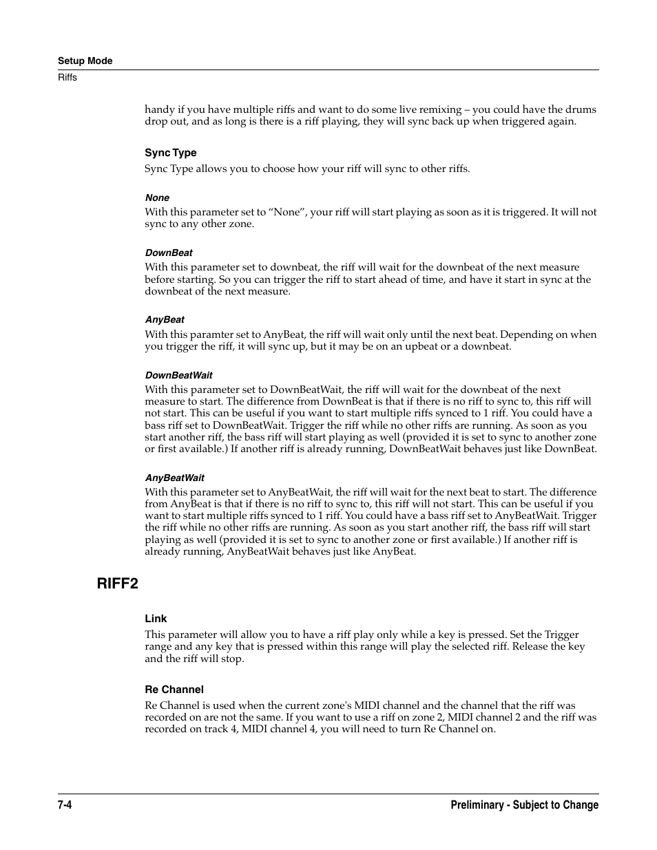 Sync type, None, Downbeat | Anybeat, Downbeatwait, Anybeatwait, Riff2, Link, Re channel, Riff2 -4 | Kurzweil KSP8 TM User Manual | Page 64 / 122