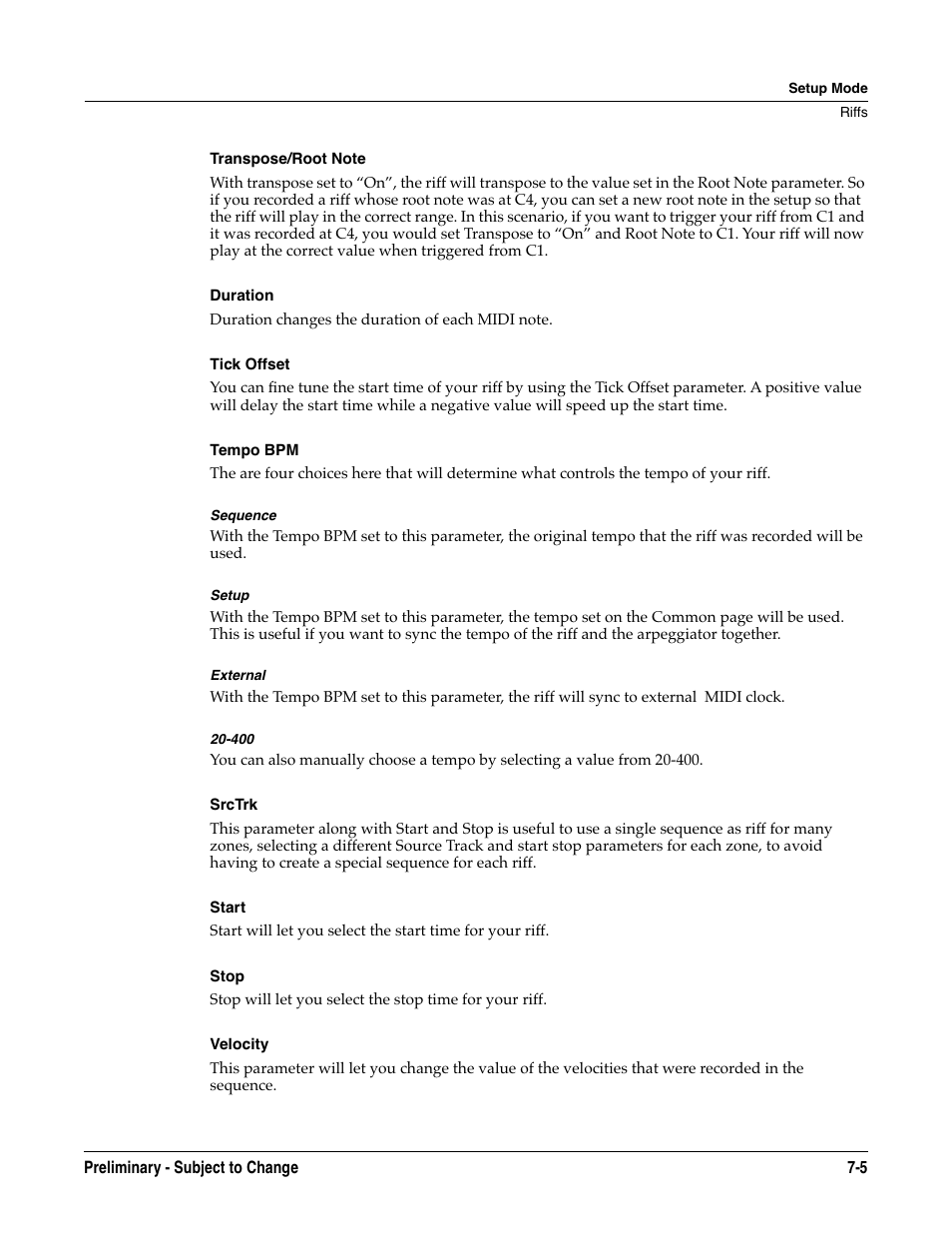 Transpose/root note, Duration, Tick offset | Tempo bpm, Sequence, Setup, External, Srctrk, Start, Stop | Kurzweil KSP8 TM User Manual | Page 65 / 122