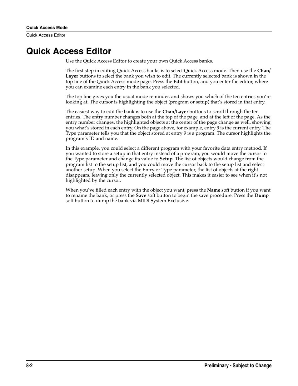 Quick access editor, Quick access editor -2 | Kurzweil KSP8 TM User Manual | Page 68 / 122